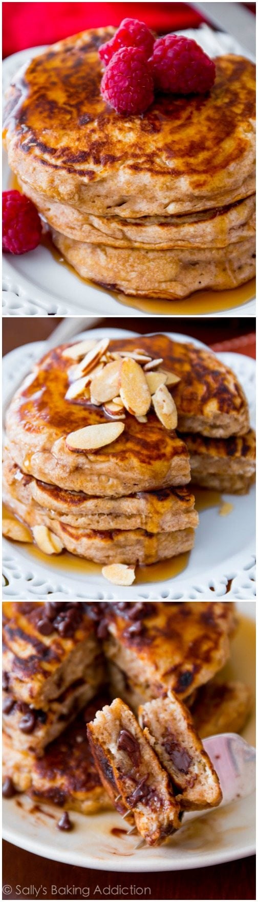 3 images of stacks of whole wheat pancakes