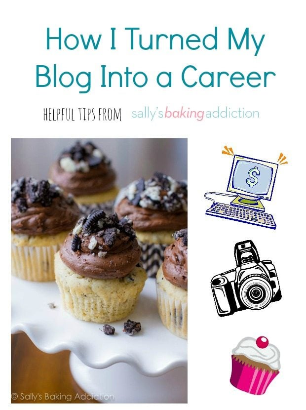 cupcakes on a white cake stand with text overlay that says how I turned my blog into a career helpful tips from sally's baking addiction