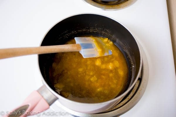 sugar melting in saucepan for salted caramel sauce