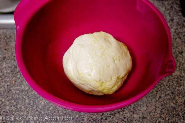 ball of pizza dough in a pink bowl before rising