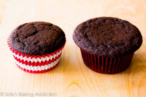2 chocolate cupcakes with one perfect cupcake and one flat cupcake