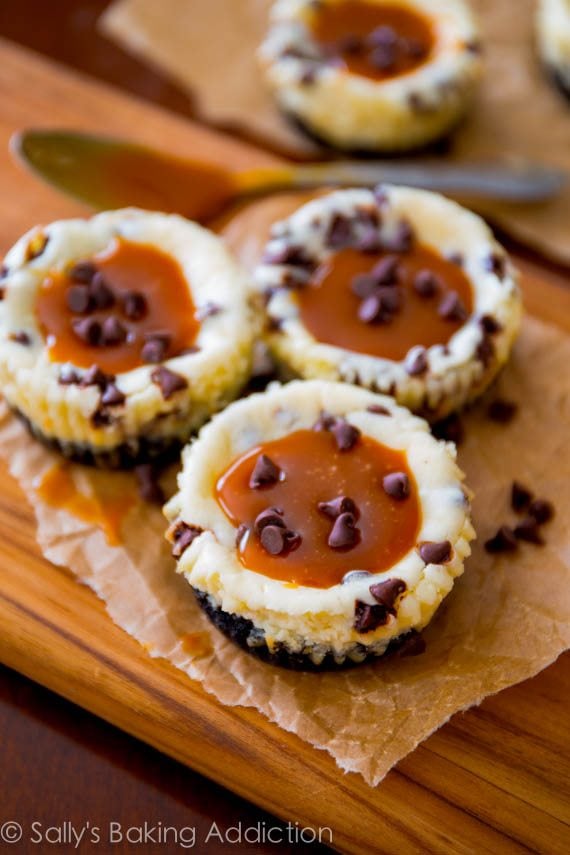 mini salted caramel chocolate chip cheesecakes on a wood board