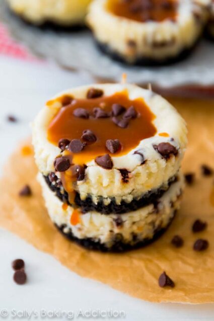 Salted Caramel Chocolate Chip Cheesecakes