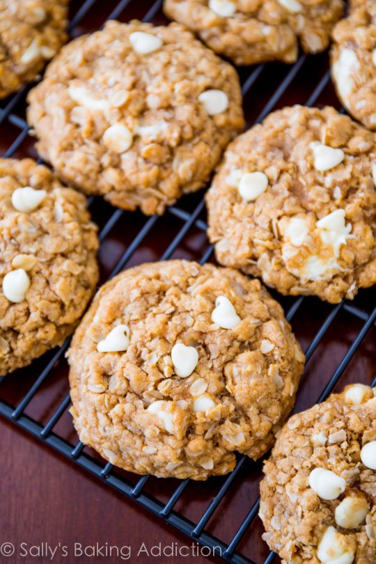 Biscoff white chocolate oatmeal cookies on a cooling rack