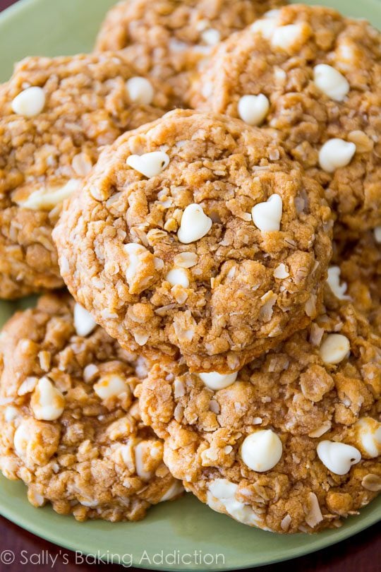 biscoff white chocolate oatmeal cookies on a green plate