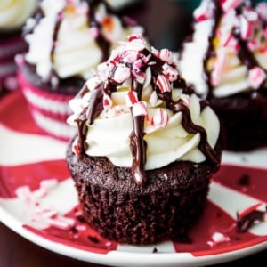 peppermint mocha cupcakes on a red and white plate