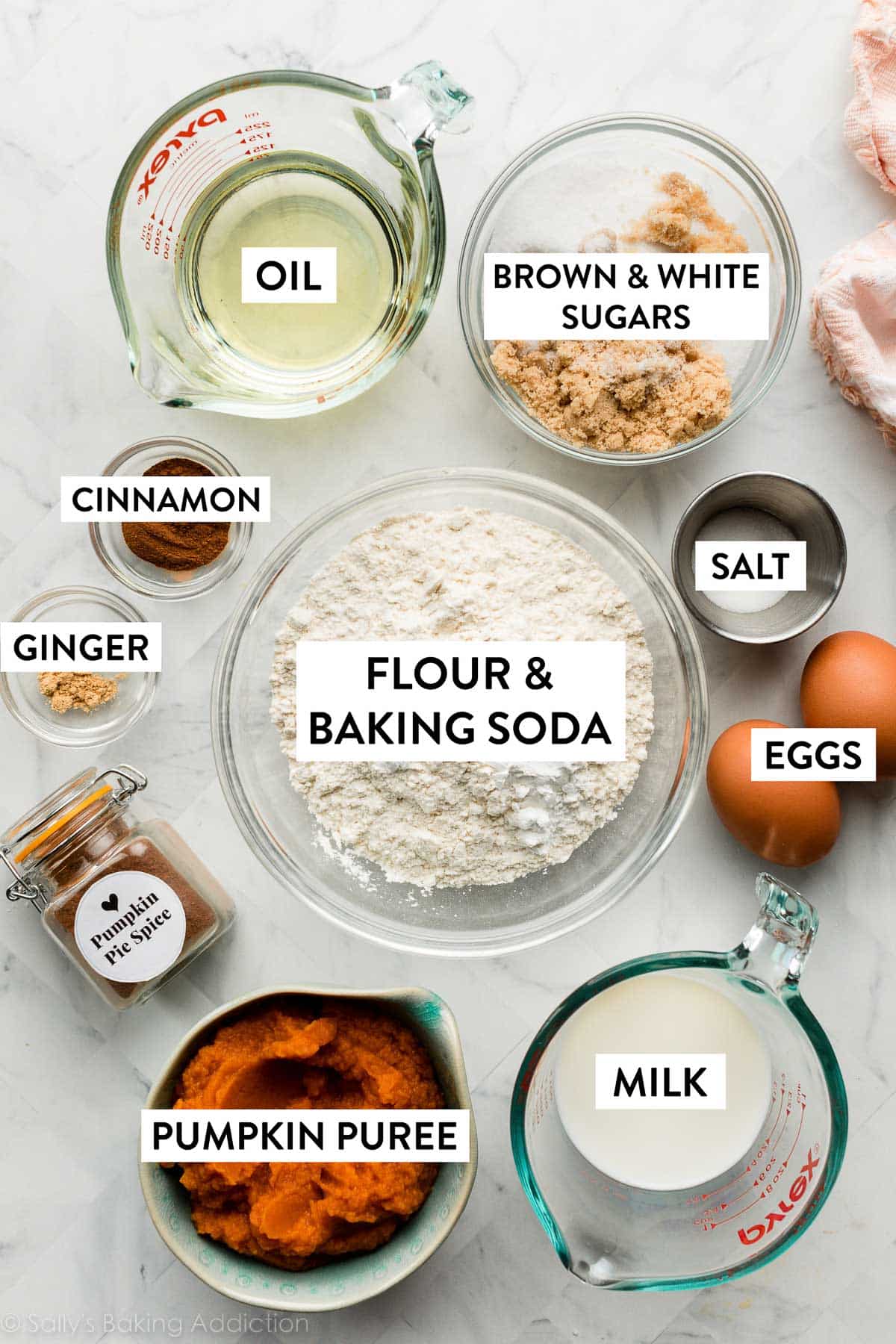 flour, baking soda, pumpkin, eggs, milk, pumpkin pie spice, and other ingredients on marble counter.