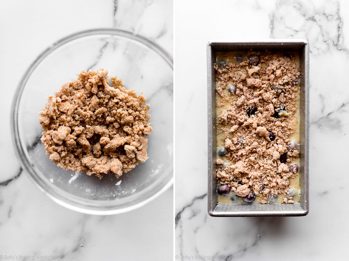 2 images of orange cranberry bread streusel topping