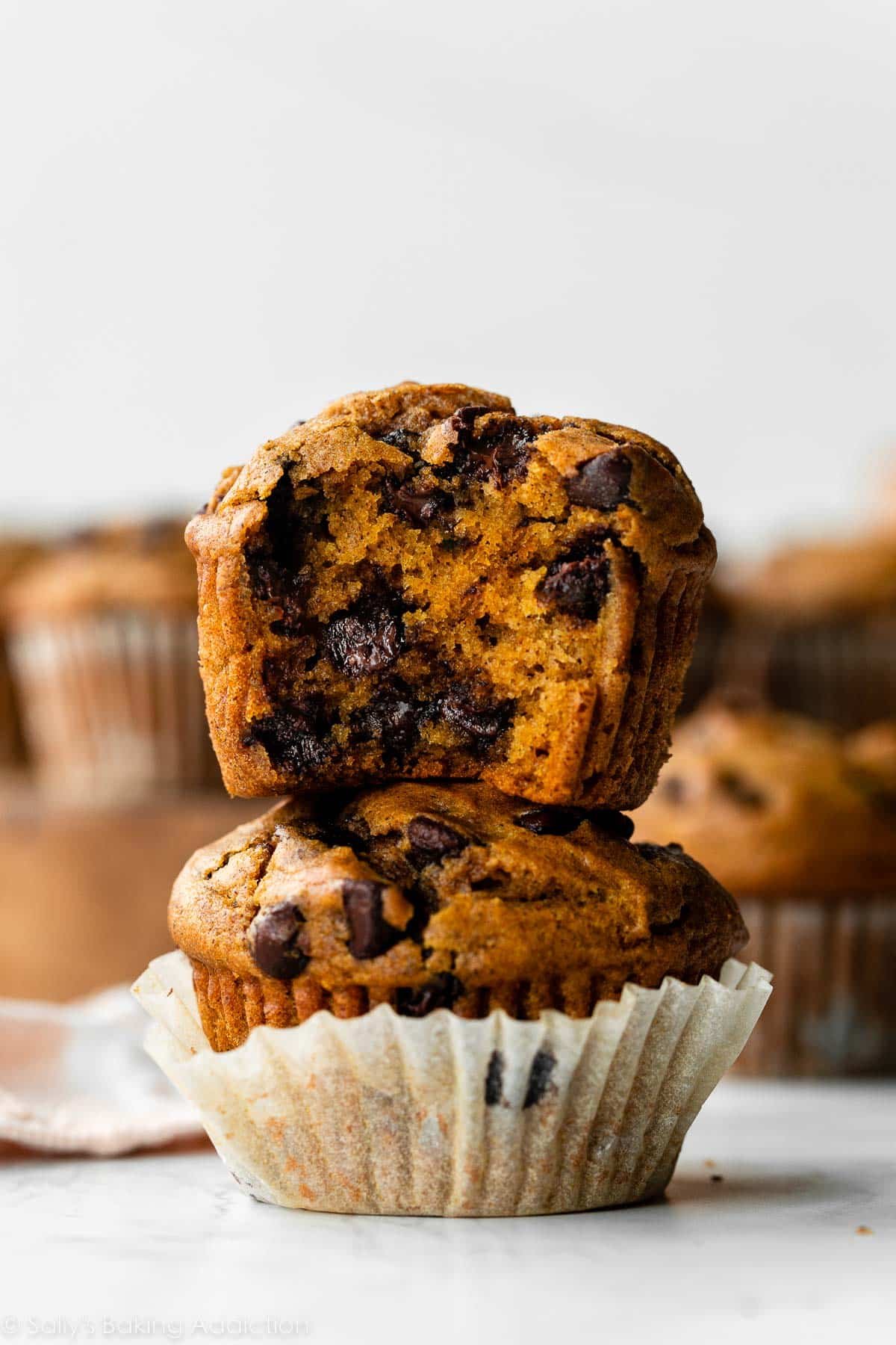 stack of two pumpkin chocolate chip muffins.