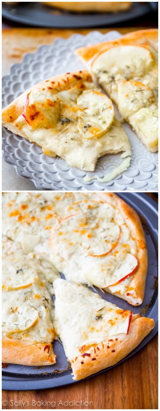 2 images of caramelized apple gorgonzola pizza slices