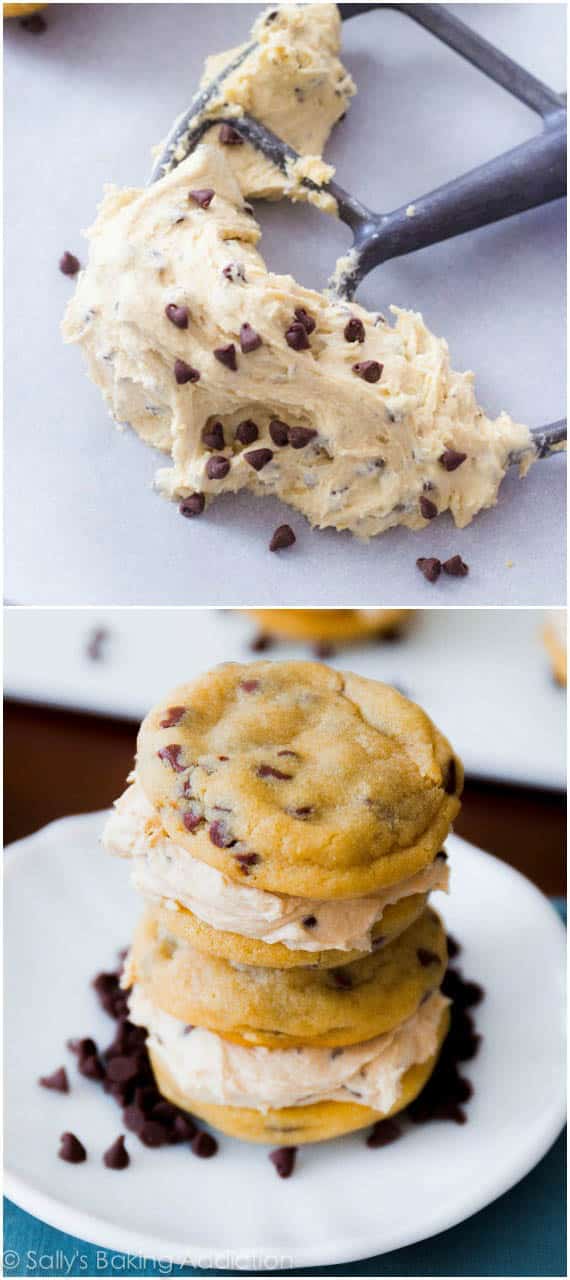 2 images of chocolate chip cookie dough frosting on a paddle attachment and a stack of chocolate chip cookie dough sandwiches on a white plate