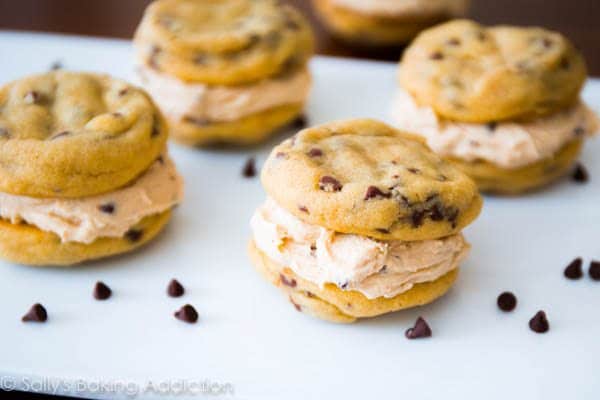 chocolate chip cookie dough sandwiches on a white serving tray