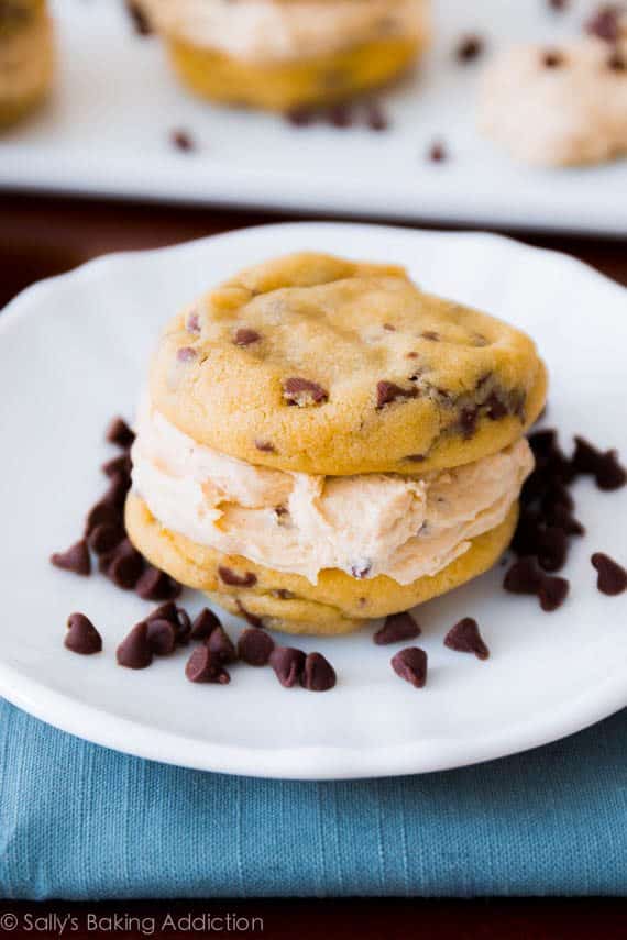 chocolate chip cookie dough sandwich on a white plate