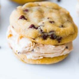 chocolate chip cookie dough sandwiches on a white serving tray