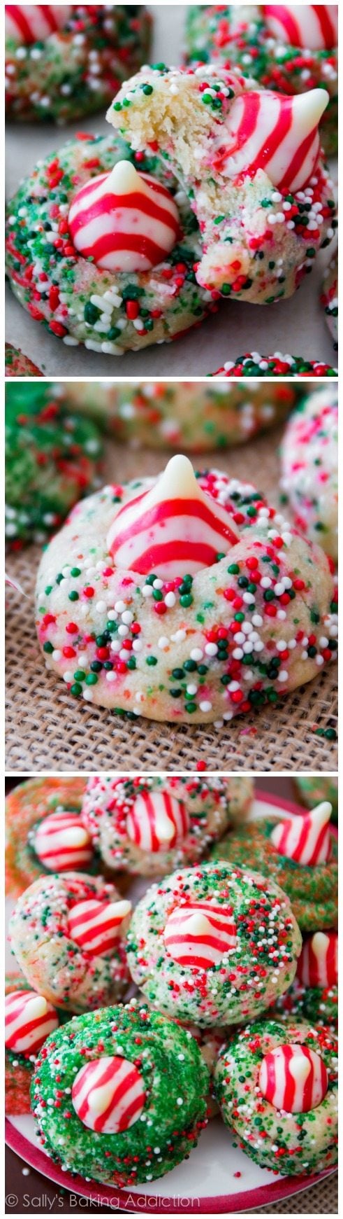 3 images of sugar cookies with christmas sprinkles with a candy cane Hershey's kiss on top