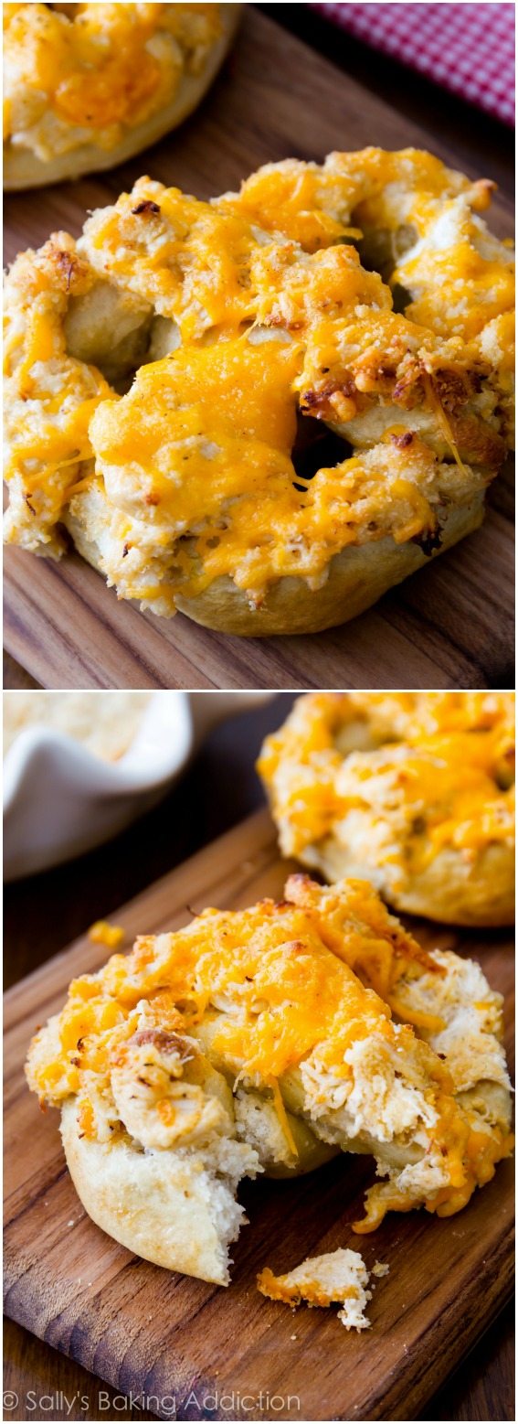 2 images of soft pretzels topped with cheesy crab dip