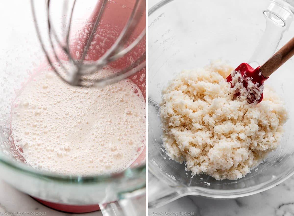 beaten egg whites in one photo and another photo showing dough mixture.