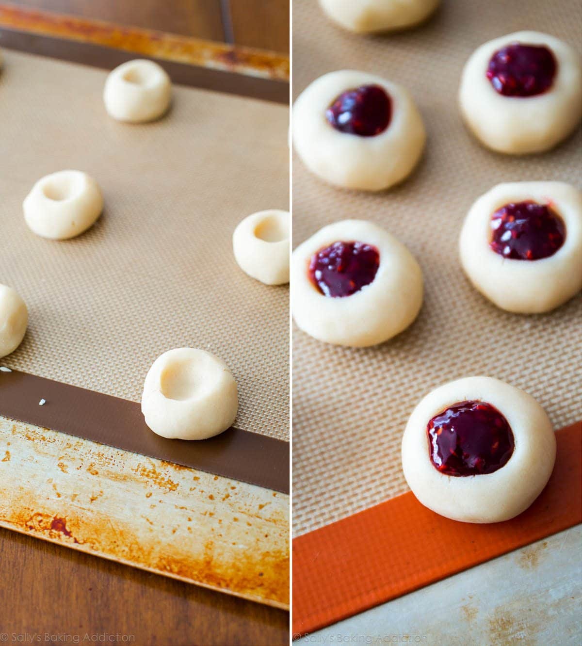 2 images of shortbread cookie dough with indents for filling and cookies filled with raspberry jam