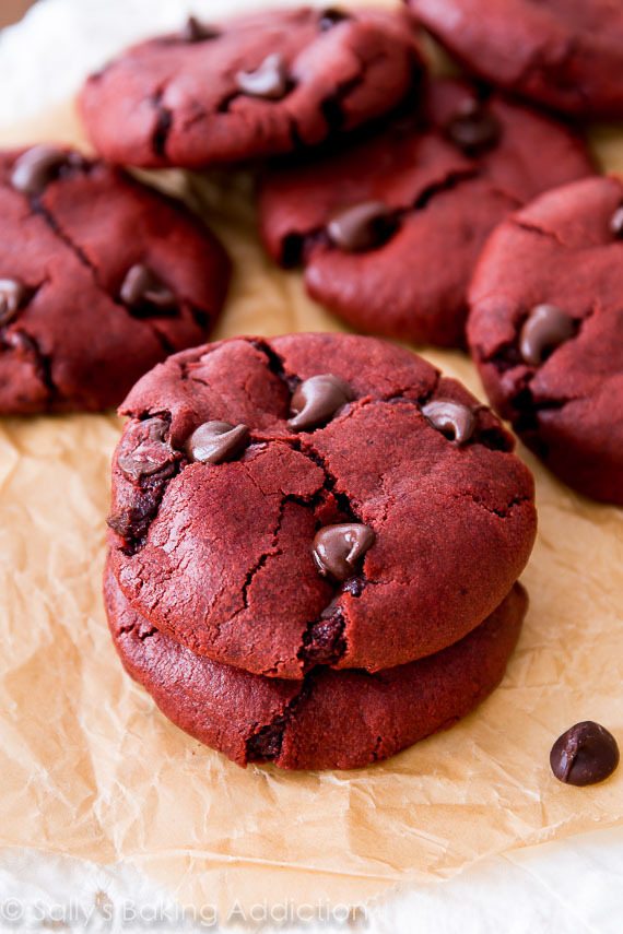 stack of red velvet chocolate chip cookies