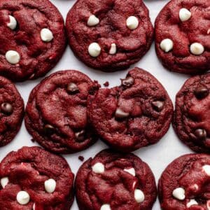 overhead photo of red velvet cookies with chocolate chips.