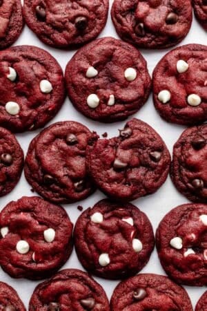 overhead photo of red velvet cookies with chocolate chips.