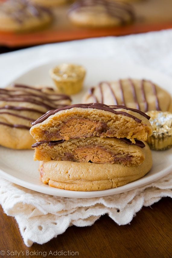 stack of Reese's stuffed peanut butter cookies on a white plate