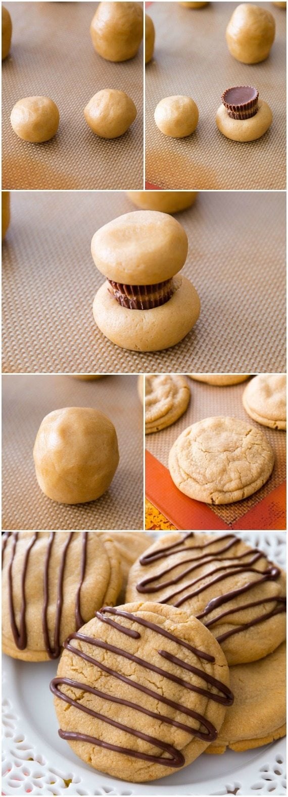 collage of 6 images showing steps for making Reese's stuffed peanut butter cookies
