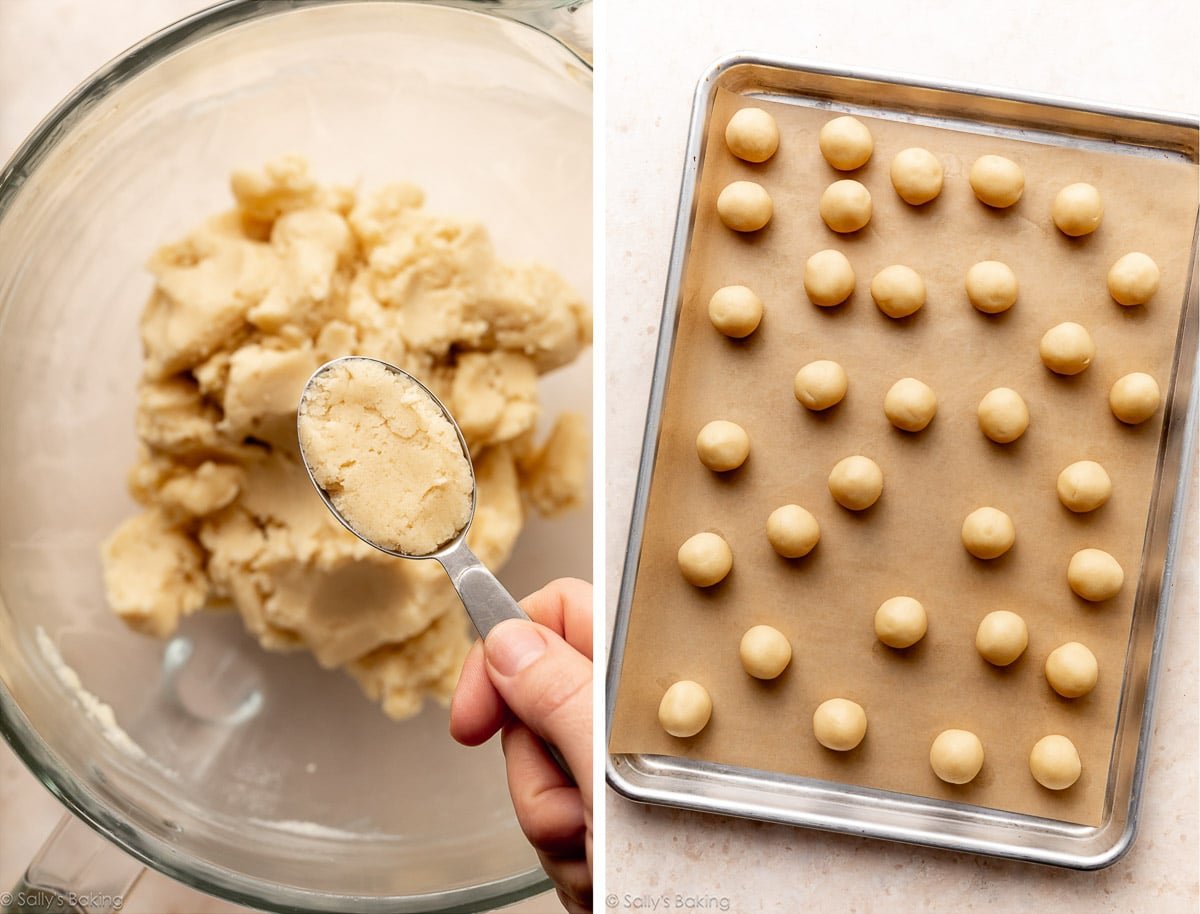 hand holding Tablespoon of dough and dough shown again rolled into balls.