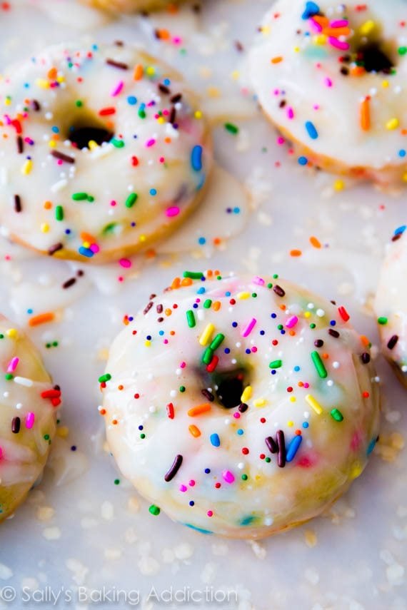 baked funfetti donuts topped with vanilla glaze and sprinkles
