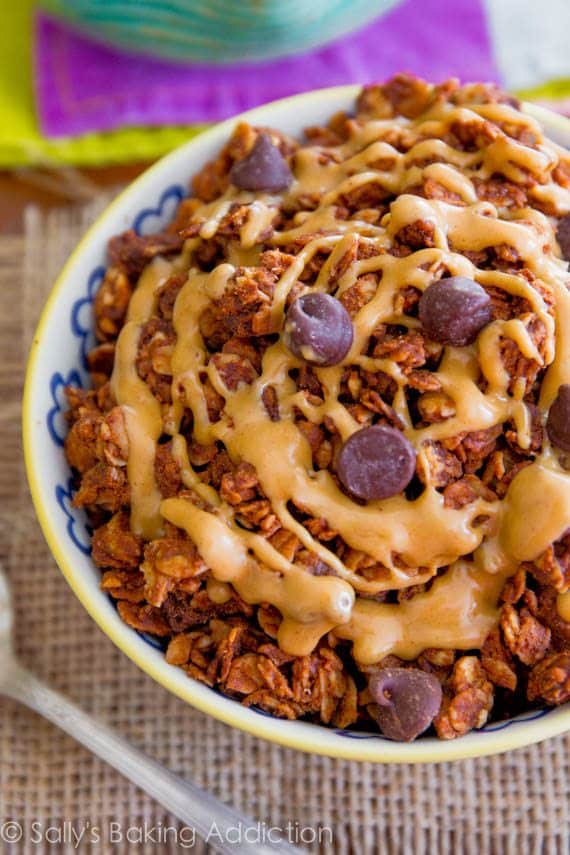 chocolate peanut butter granola in a colorful bowl