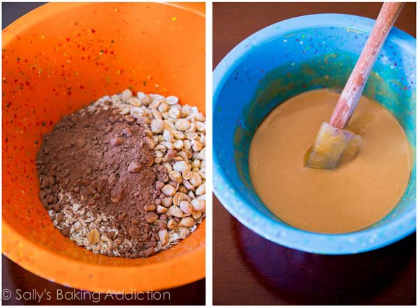 2 images of ingredients in bowls including oats, cocoa powder, peanuts, and peanut butter