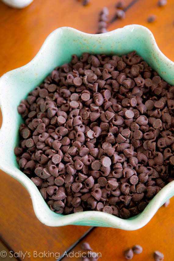 mini chocolate chips in a teal bowl