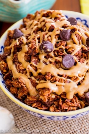 chocolate peanut butter granola in a colorful bowl