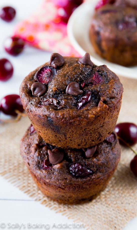 stack of 2 chocolate cherry muffins
