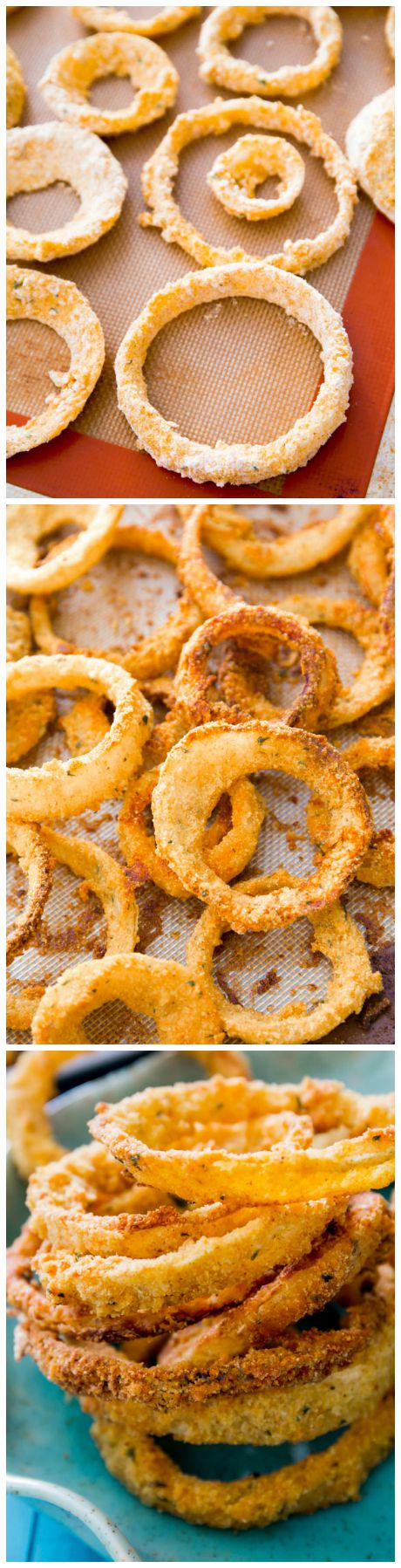 3 images of baked onion rings