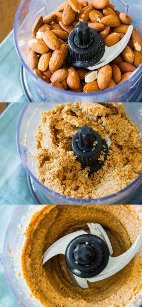 3 images showing how to make almond butter