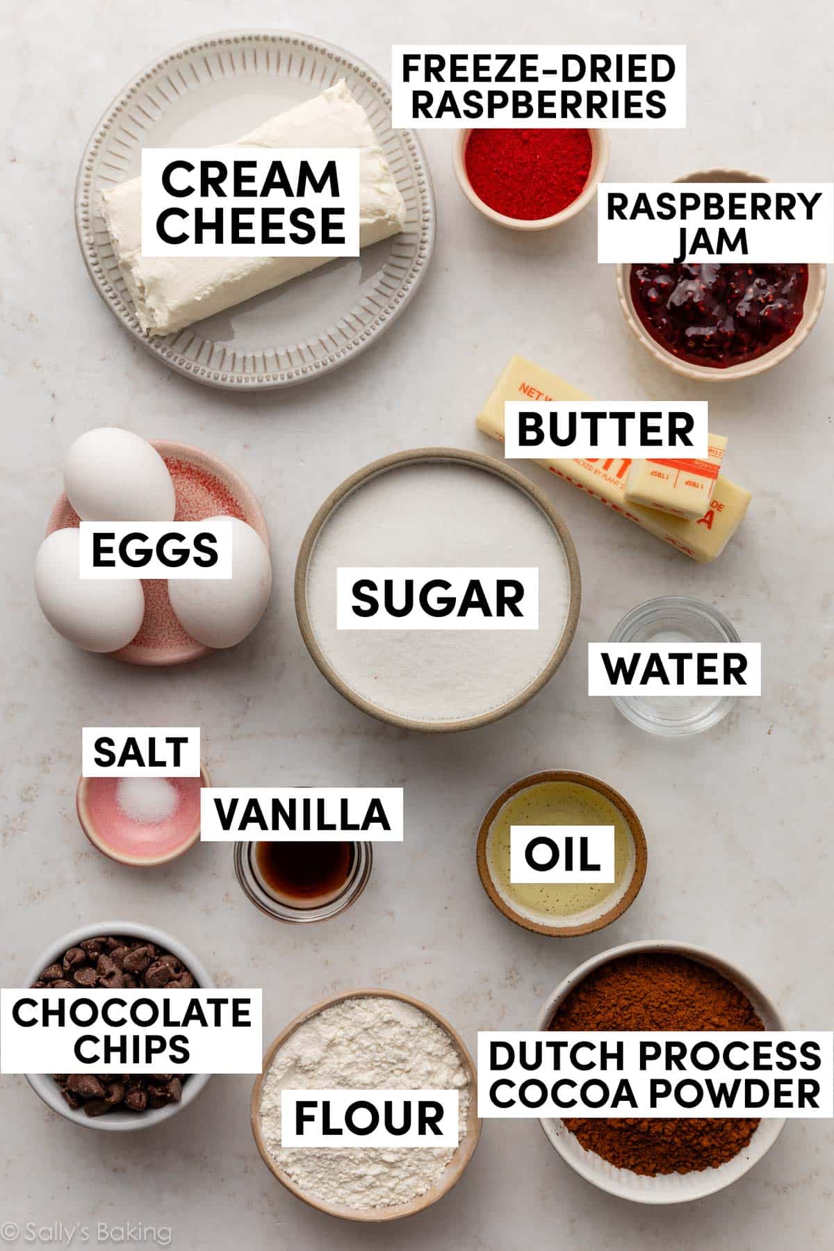 ingredients in bowls including cocoa powder, flour, butter, sugar, water, vanilla, salt, and cream cheese.