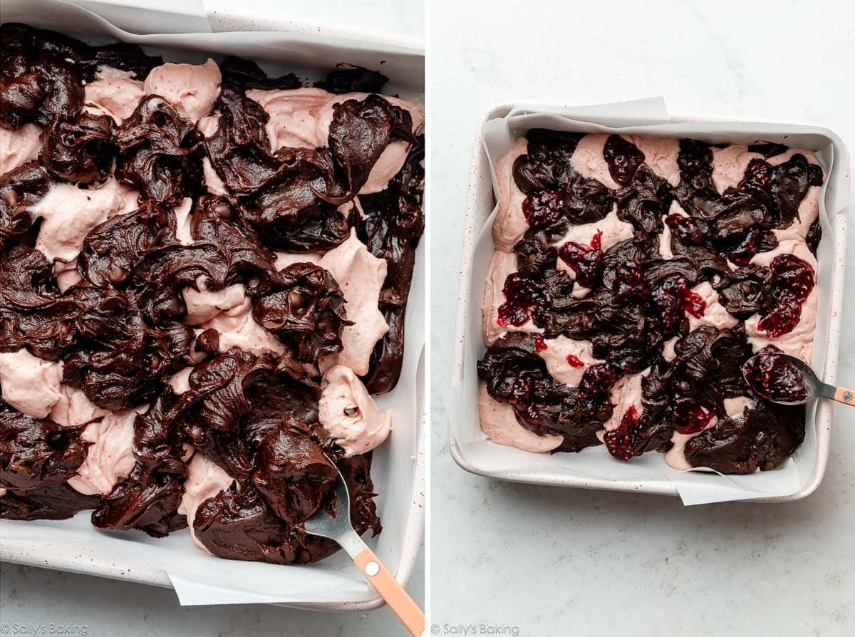 swirling brownie and raspberry batters.