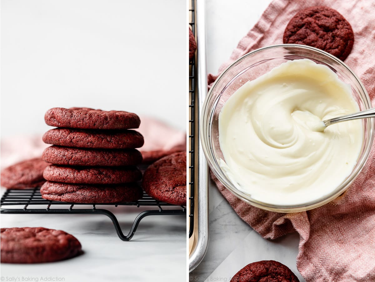 stack of red velvet cookies and a bowl of melted white chocolate