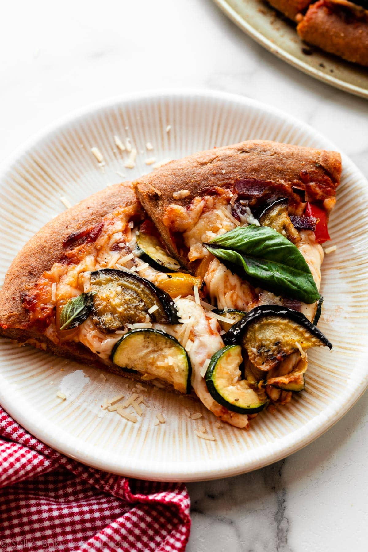 roasted vegetable whole wheat pizza slices