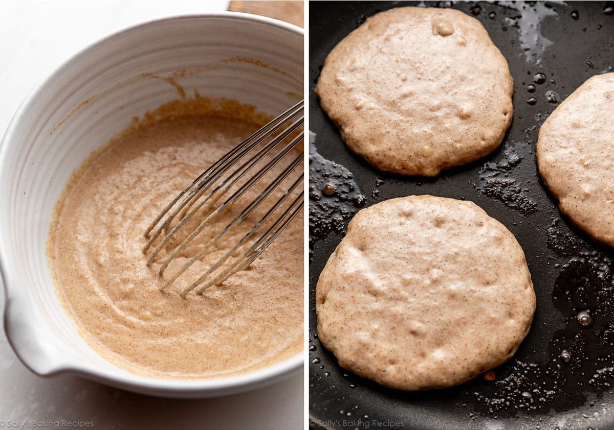 whole wheat banana pancake batter in bowl and shown cooking on skillet.