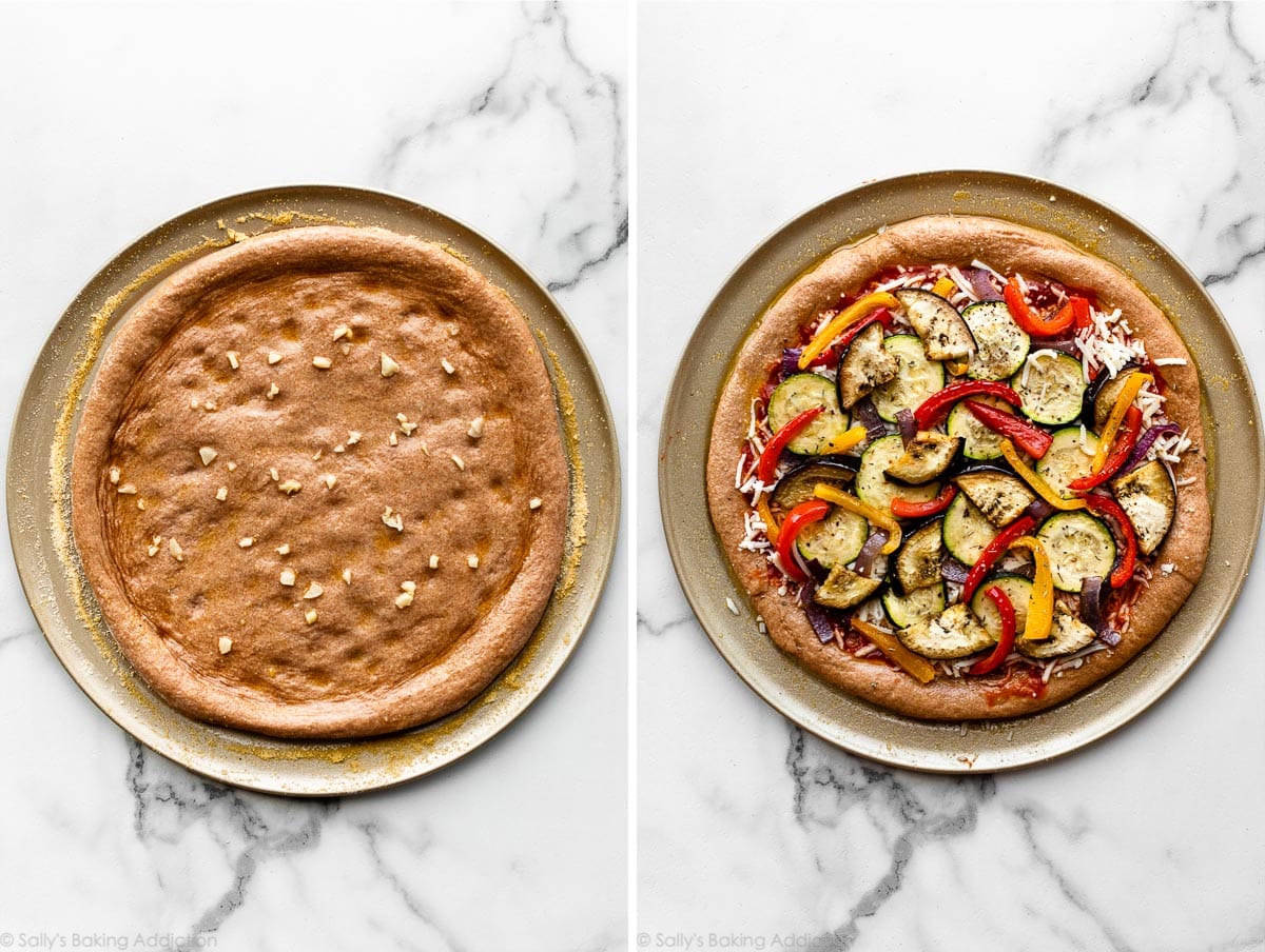 whole wheat pizza dough with roasted vegetable toppings