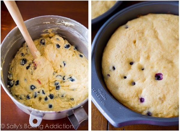 2 images of lemon blueberry cake batter in a mixing bowl and in a cake pan
