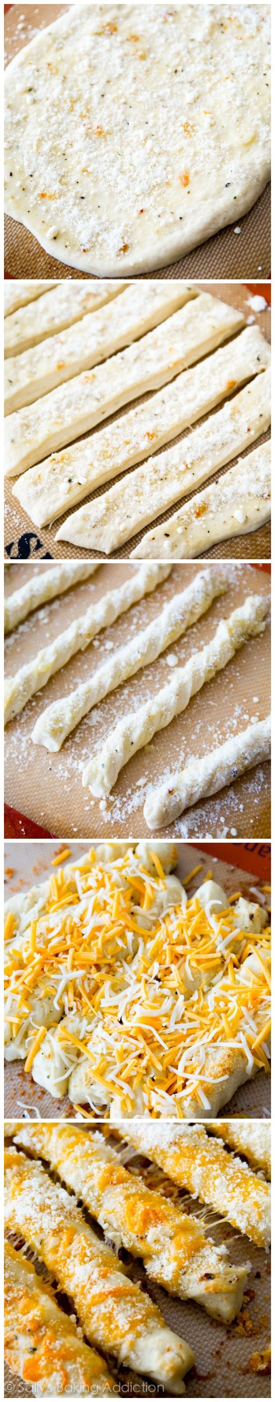 5 images showing how to make cheesy breadsticks