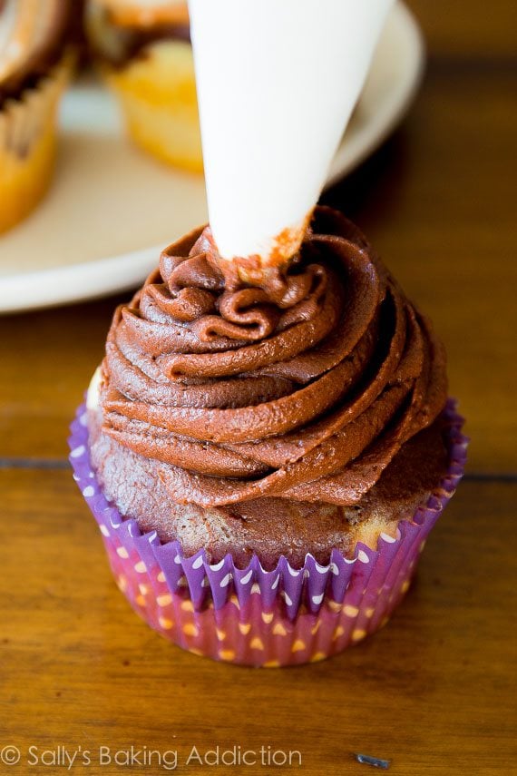 cupcake topped with piped frosting coming out of a piping bag