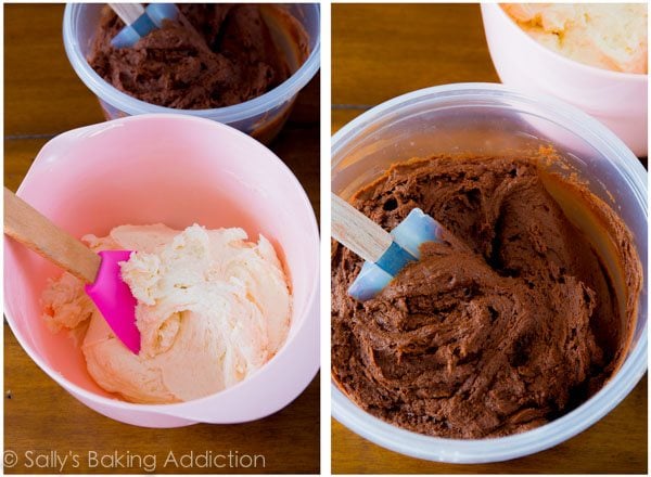 2 images of vanilla frosting in a pink bowl with a spatula and chocolate frosting in a clear bowl with a spatula