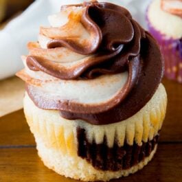 marble cupcakes topped with chocolate vanilla swirl frosting