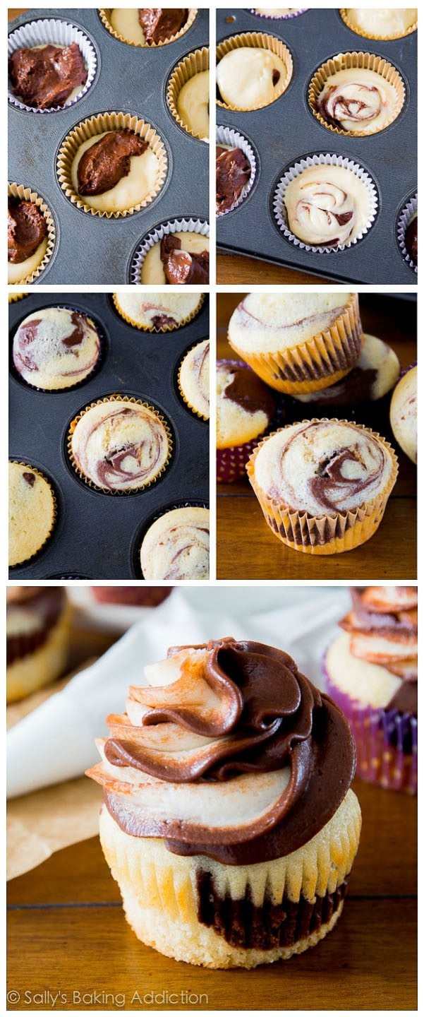 collage of 5 images showing how to make marble cupcakes topped with chocolate vanilla swirl frosting