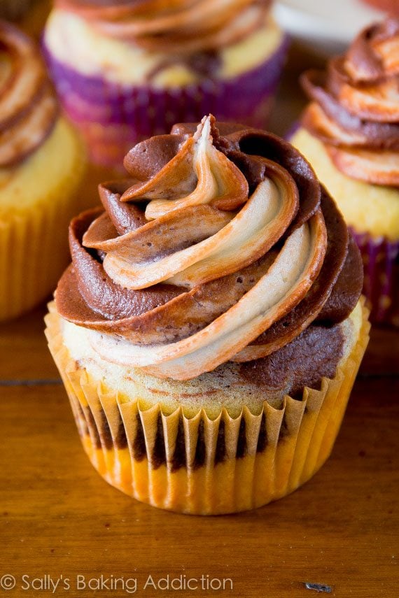 marble cupcakes topped with chocolate vanilla swirl frosting