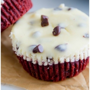 3 images of mini red velvet cheesecakes